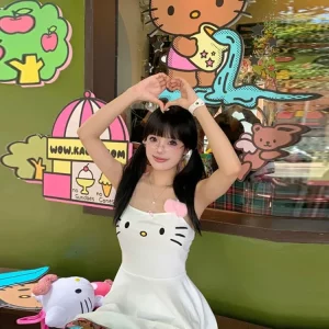 Kawaii Cat Face Embroidered White Mini Dress | Japanese Y2K Style for Gen Z & Y