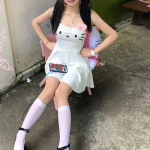 Kawaii Cat Face Embroidered White Mini Dress | Japanese Y2K Style for Gen Z & Y