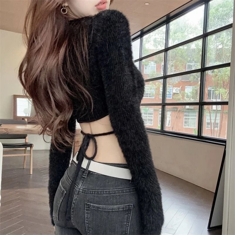 Knitted Backless Crop Top: Sexy Long Sleeve Streetwear Sweater