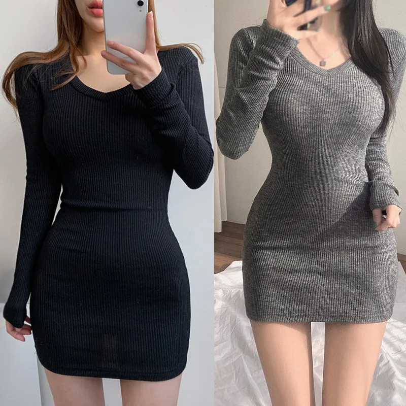 Korean Autumn/Winter V-Neck Wrap Dress | Slim Fit Streetwear Fashion