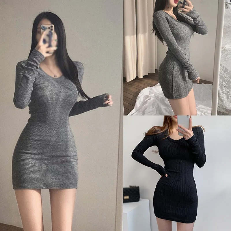 Korean Autumn/Winter V-Neck Wrap Dress | Slim Fit Streetwear Fashion