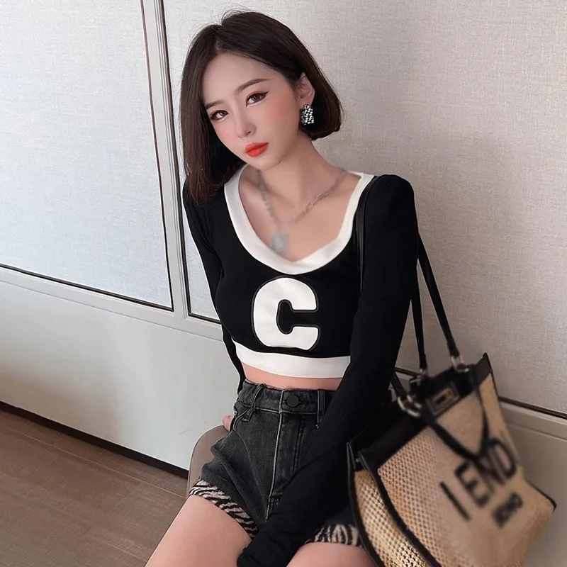 Korean Egirl Patchwork Crop Top: Slim Fit Long Sleeve Tee