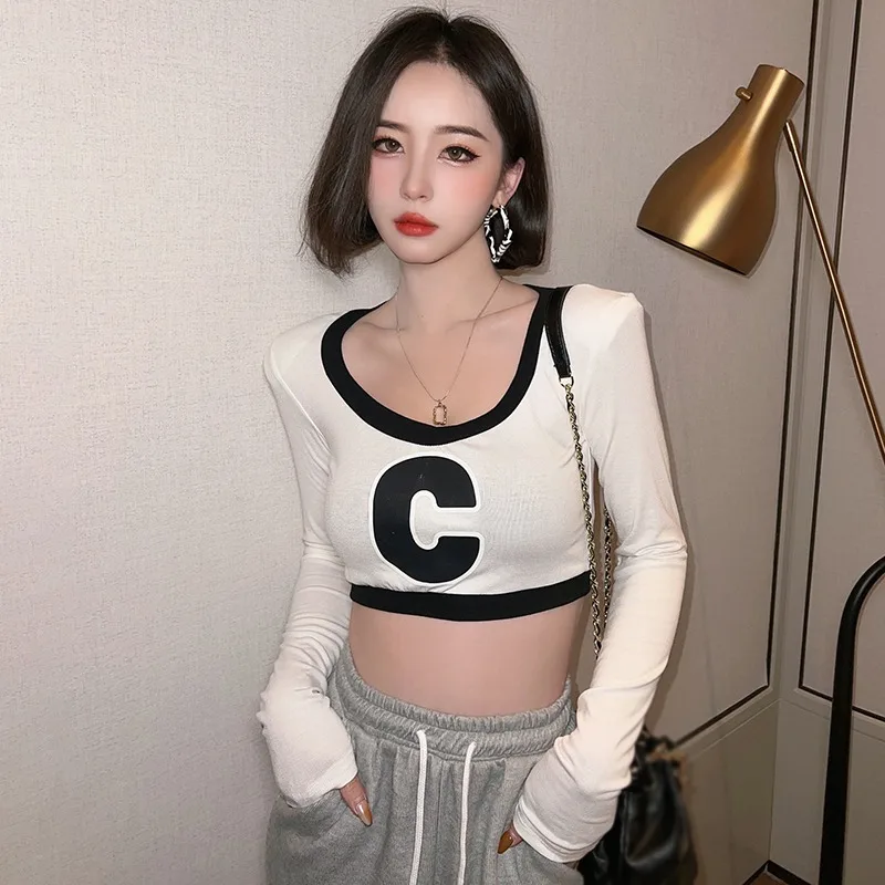 Korean Egirl Patchwork Crop Top: Slim Fit Long Sleeve Tee