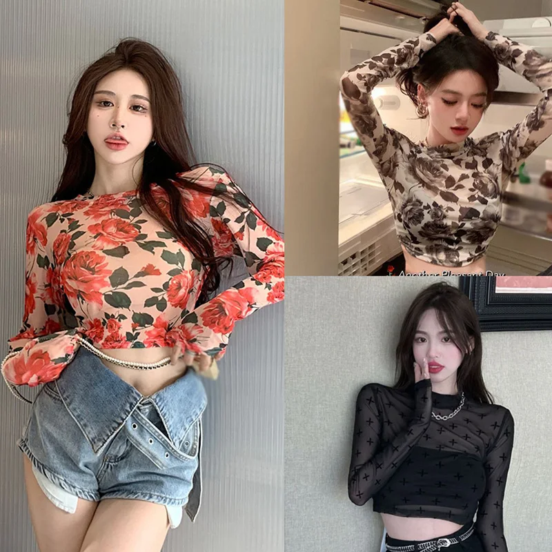 Korean Floral T-shirt Set: Slim Fit Mesh Long Sleeve & Short Top