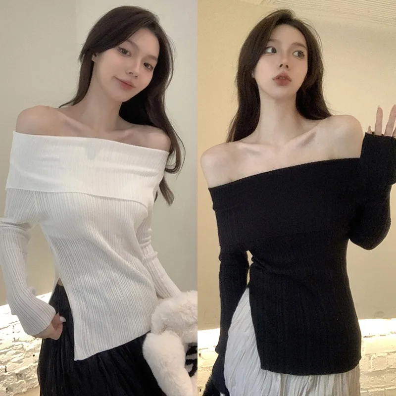 Korean One Shoulder Split Slim Fit T-shirt | Fashionable Long Sleeve Top