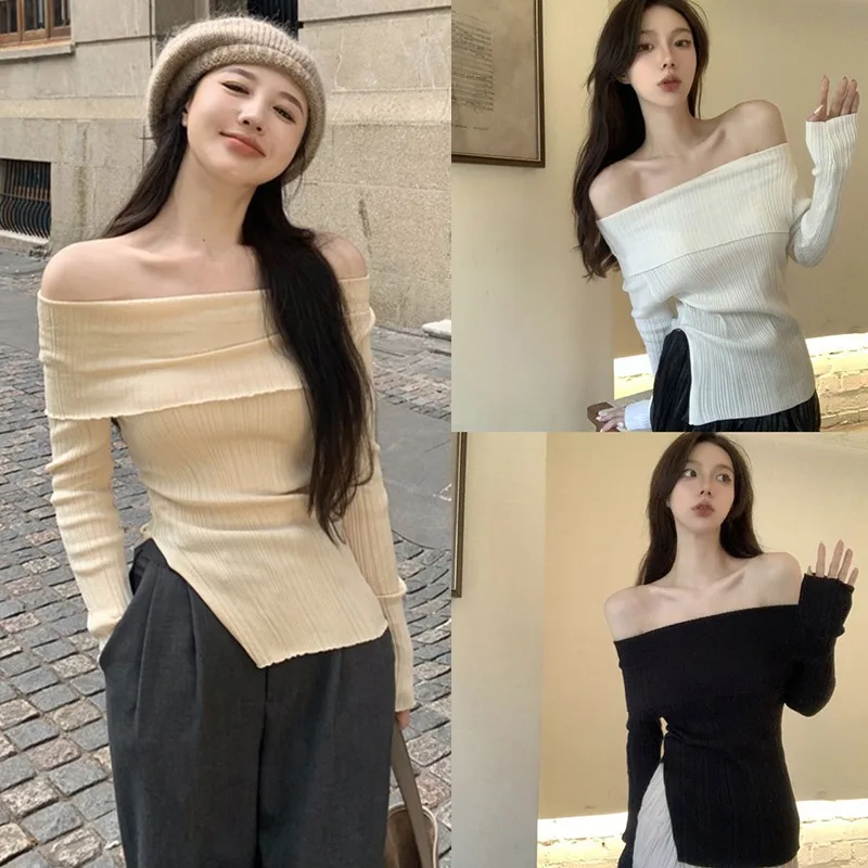 Korean One Shoulder Split Slim Fit T-shirt | Fashionable Long Sleeve Top