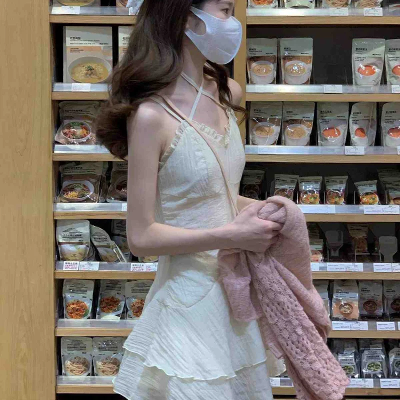 Korean Style Beige Mini Dress Women Y2K Halter Ruffle Lolita Summer Fashion