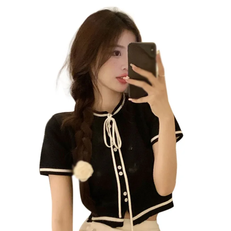 Korean Style Bow Tie Short Sleeve Knit Top for Women - Streetwear Fashion