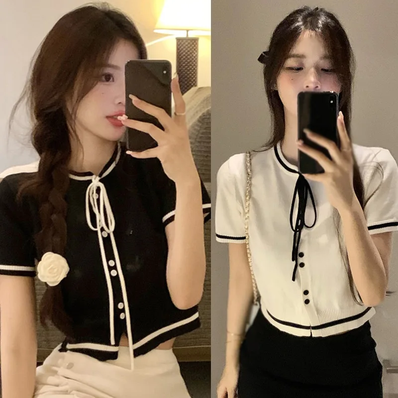 Korean Style Bow Tie Short Sleeve Knit Top for Women - Streetwear Fashion