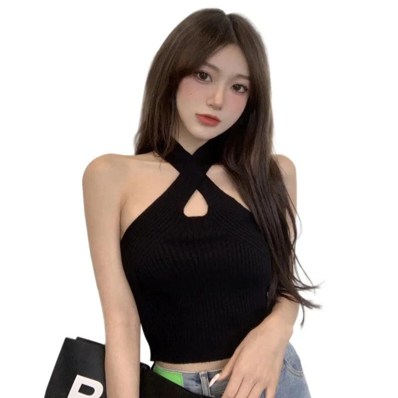 Korean Style Cross Neck Hollow Out Knitted Vest for Women - Sexy Slim Fit, Exposed Navel - Streetwear Fashion