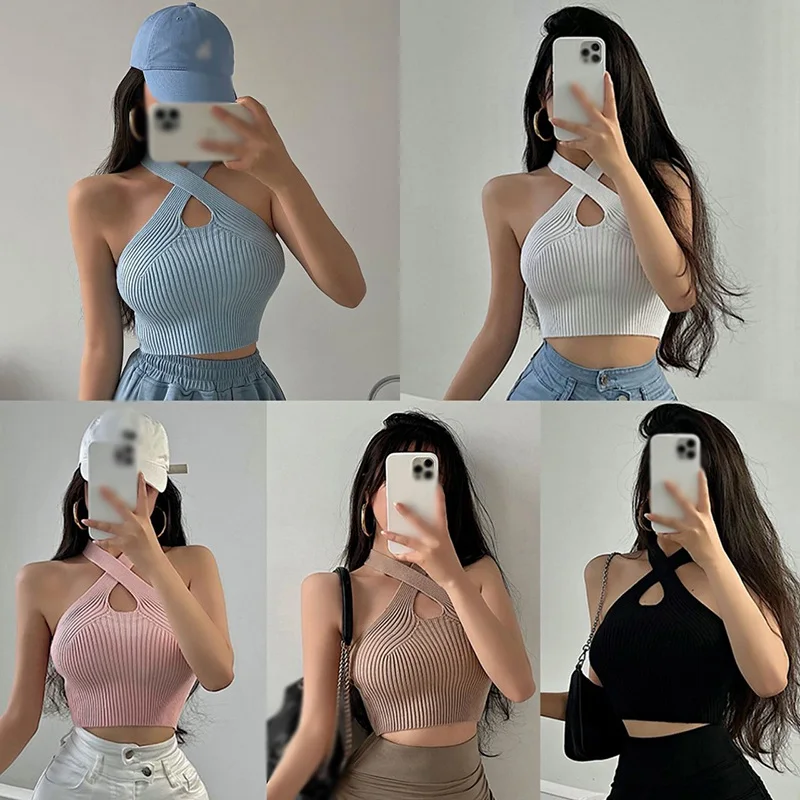 Korean Style Cross Neck Hollow Out Knitted Vest for Women - Sexy Slim Fit, Exposed Navel - Streetwear Fashion