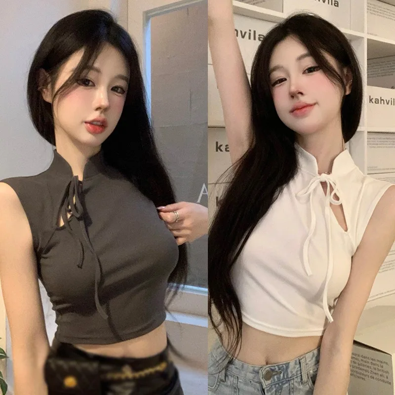 Korean Style Diagonal Neckline Lace-Up T-shirt for Women - Sexy Slim Fit Streetwear Top