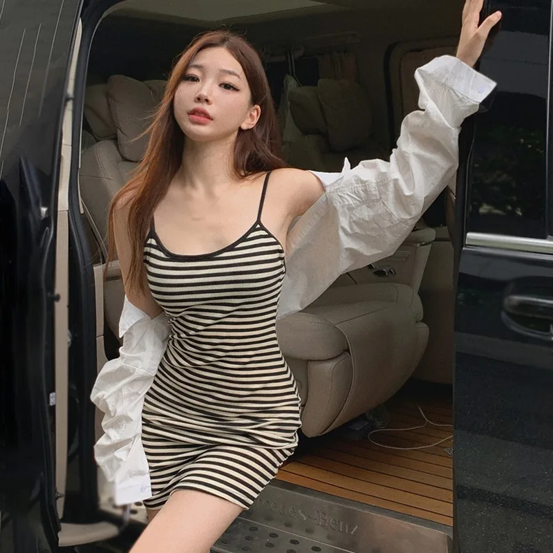 Korean Style Halter Dress: Vintage Stripe Hip Wrap for Gen Z & Y2K Fashion