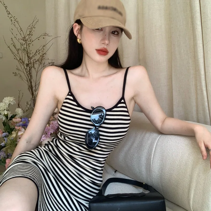 Korean Style Halter Dress: Vintage Stripe Hip Wrap for Gen Z & Y2K Fashion