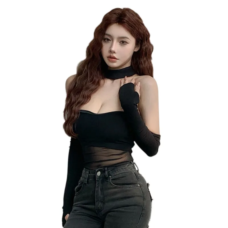 Korean Style Mesh T-shirt: Sexy Slim Fit Bra Sleeve Top for Gen Z & Y2K Fashion