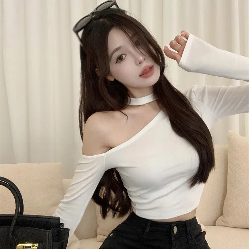 Korean Style Off-Shoulder Slim Fit T-shirt - Gen Z Y2K Fashion