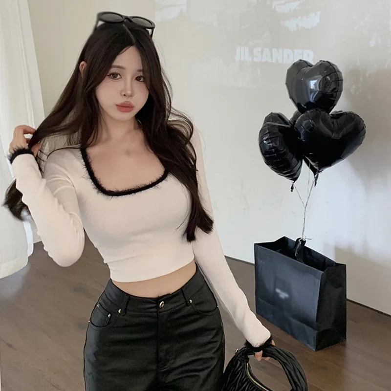 Korean Style Square Collar T-Shirt | Tight-Fit Long Sleeve Crop Top