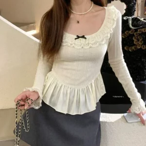 Korean Style White T-shirts for Women | Fairycore Ruffled Long Sleeve Tees | Y2K Sweet Slim Corset Tops