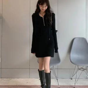 Korean Zip Bodycon Hooded Dress | Autumn Sporty K-POP Style