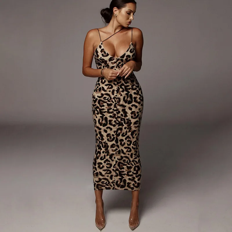 Leopard Print Sleeveless V-Neck Midi Dress | Women's K-POP Streetwear Fashion