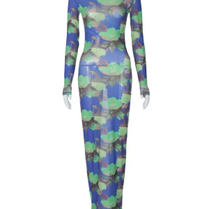 Mesh Floral Print Long Sleeve Maxi Dress | Y2K Streetwear Fashion