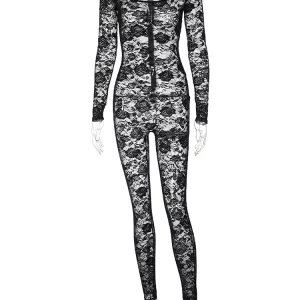 Mesh Floral Print Long Sleeve Zip-Up Jumpsuit for Women - K-POP Streetwear Fashion