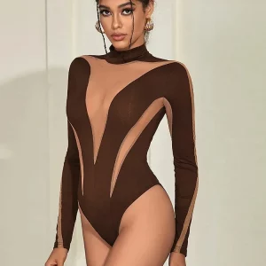 Mesh Patchwork See-Through Bodysuit: Long Sleeve Streetwear for Gen Z & Y2K Fashion