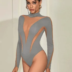 Mesh Patchwork See-Through Bodysuit: Long Sleeve Streetwear for Gen Z & Y2K Fashion