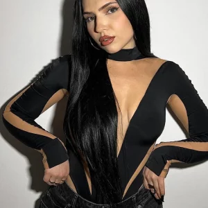 Mesh Patchwork See-Through Bodysuit: Long Sleeve Streetwear for Gen Z & Y2K Fashion