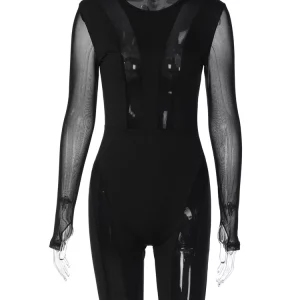 Mesh Patchwork Zip-Up Bodycon Playsuit: Black Short Sleeve, Sexy Streetwear for Gen Z & Y2K Fashion