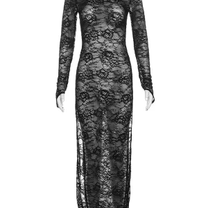 Midnight Coquette Lace Bodycon Dress with Side Split & Turtleneck