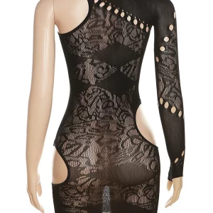 Midnight Coquette Sheer Irregular Dress | Sexy Long Sleeve Bodycon Clubwear