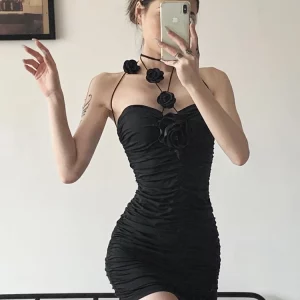 Mysterious Black Rose Tube Top Dress for Gen Z & Y2K Fashion