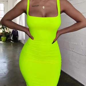 Neon K-POP Streetwear Mini Bodycon Dress for Women - Sexy Off-Shoulder Club Party Style