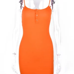 Neon Orange Ribbed Strap Mini Dress: Gen Z & Y2K K-POP Streetwear