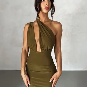 Peach Hip Dress: Backless Ruched Bodycon for Evening Party