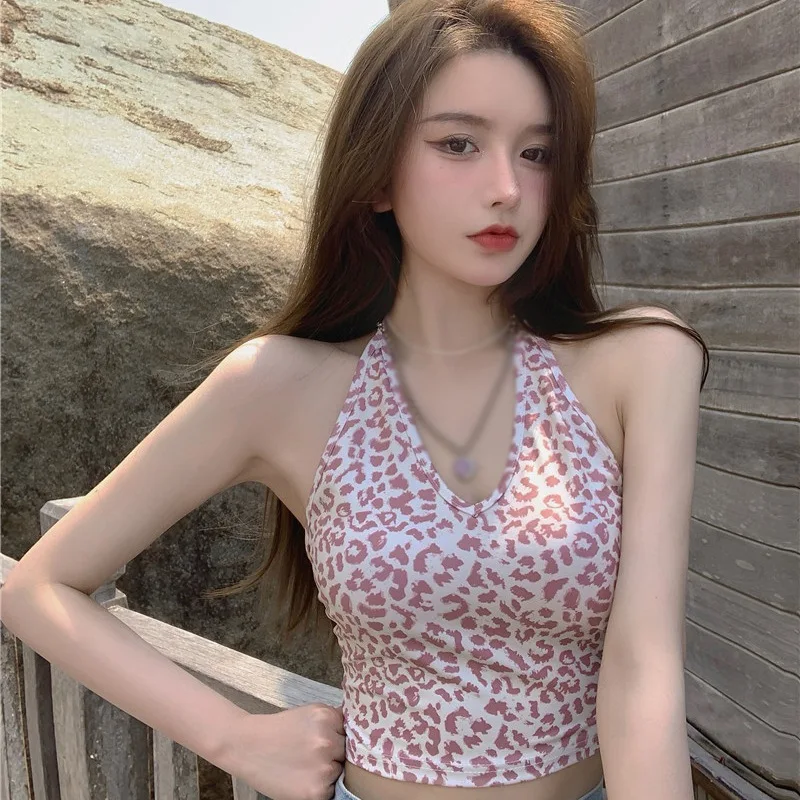 Pink Leopard Print Halter Crop Top | Sexy Backless Camisole for Women | K-POP Streetwear Fashion