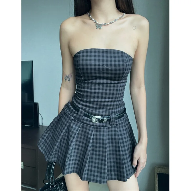 Plaid A-line Gothic Strapless Dress | Grunge Sexy Off-Shoulder | K-POP Streetwear Fashion for Women