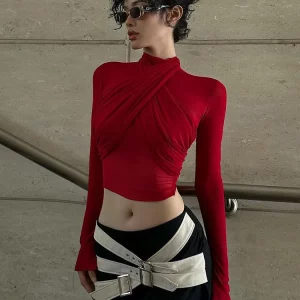 Red Mesh Turtleneck Long Sleeve Crop Top | K-POP Streetwear Fashion