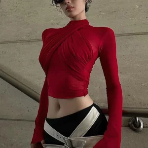 Red Mesh Turtleneck Long Sleeve Crop Top | K-POP Streetwear Fashion