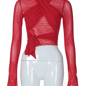 Red Mesh Turtleneck Long Sleeve Crop Top | K-POP Streetwear Fashion