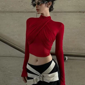 Red Mesh Turtleneck Long Sleeve Crop Top | K-POP Streetwear Fashion