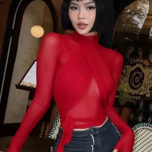 Red Mesh Turtleneck Long Sleeve Crop Top | K-POP Streetwear Fashion