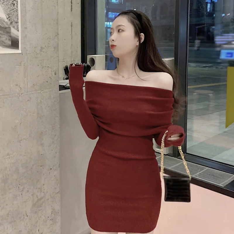 Red Off Shoulder Knitted Dress | Gen Z Y2K K-POP Streetwear Fashion