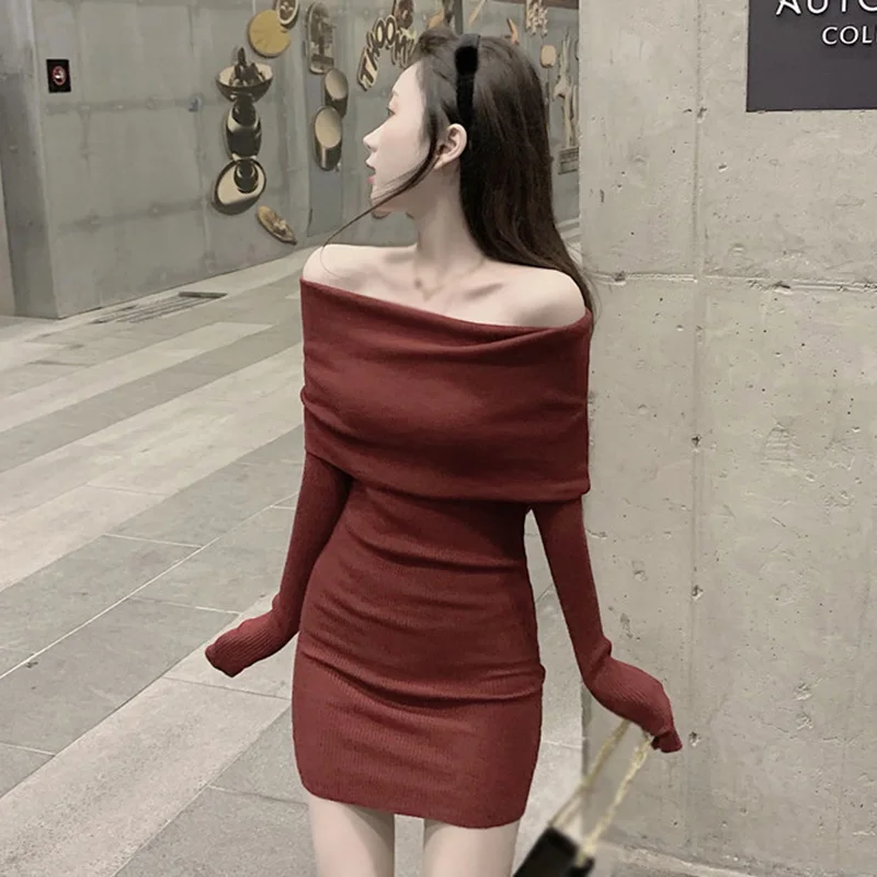 Red Off Shoulder Knitted Dress | Gen Z Y2K K-POP Streetwear Fashion