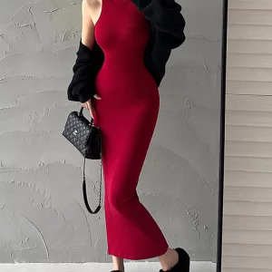 Red Sexy Turtleneck Midi Dress | Women's Evening Party Bodycon Dress | Gen Z Y2K Fashion