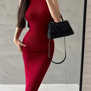 Red Sexy Turtleneck Midi Dress | Women's Evening Party Bodycon Dress | Gen Z Y2K Fashion