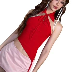 Red Vintage Hollow Backless Asymmetric Top Suit for Gen Z & Y2K Fashion