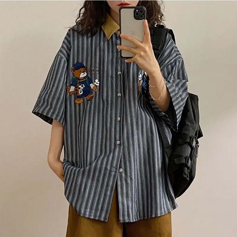 Retro Bear Print Striped Shirt | K-POP Korean Fashion Streetwear