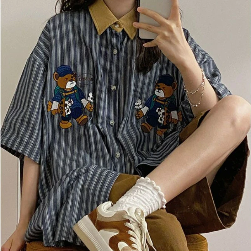 Retro Bear Print Striped Shirt | K-POP Korean Fashion Streetwear